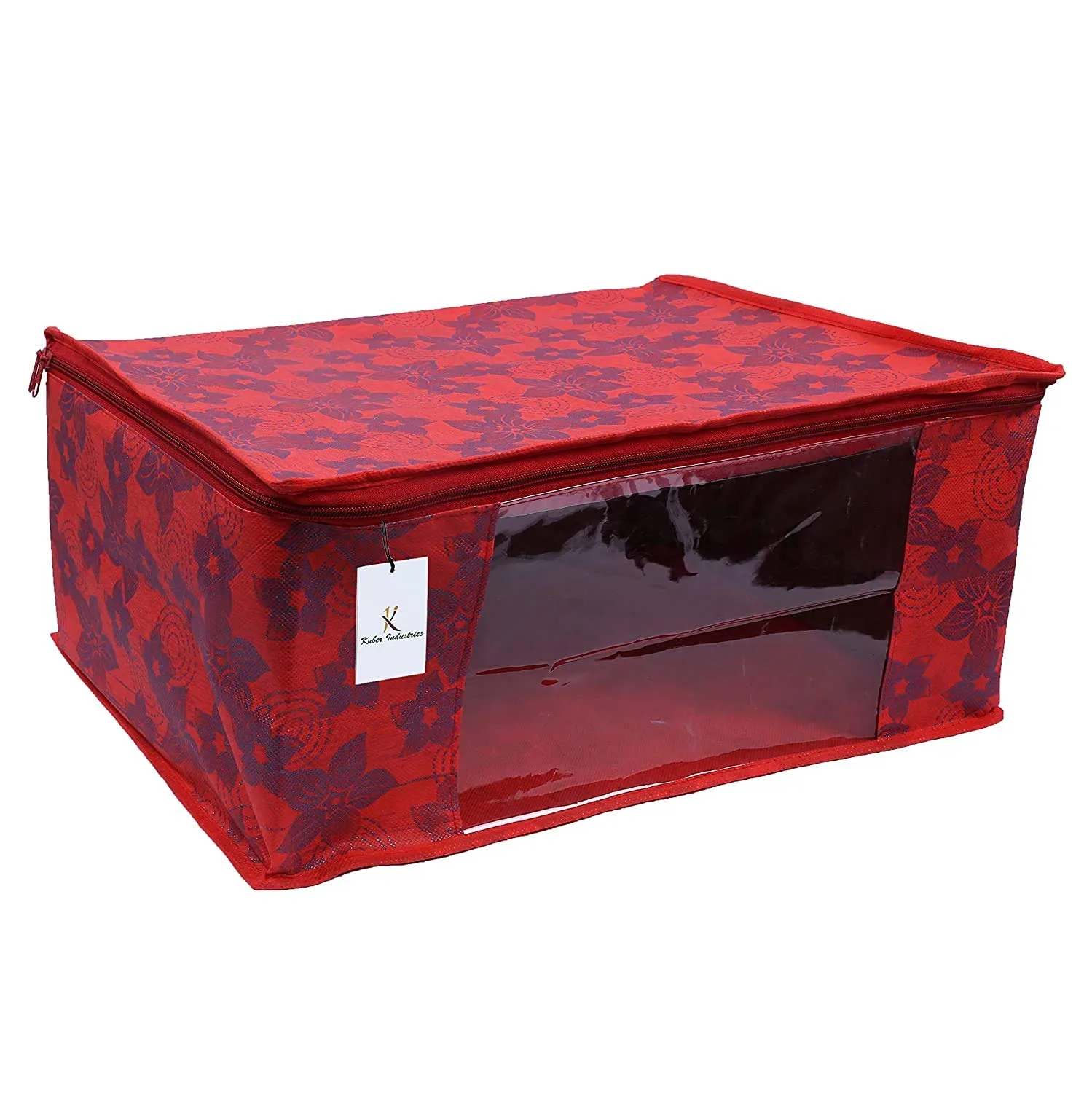 Kuber Industries Metalic Printed 9 Pieces Non Woven Fabric Saree Cover/Clothes Organiser for Wardrobe Set with Transparent Window, Extra Large (Red)-KUBMART2788, Standard