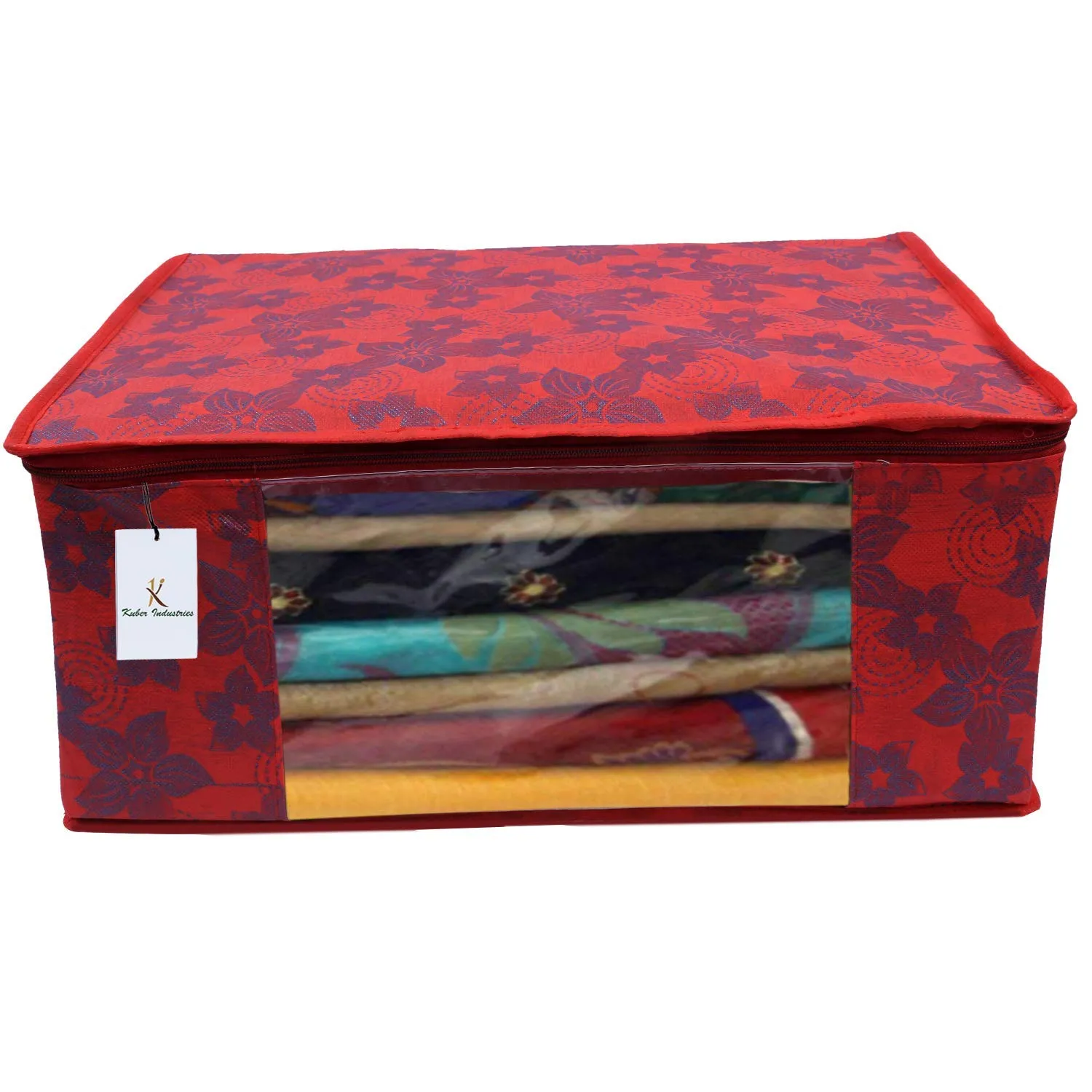 Kuber Industries Metalic Printed 9 Pieces Non Woven Fabric Saree Cover/Clothes Organiser for Wardrobe Set with Transparent Window, Extra Large (Red)-KUBMART2788, Standard