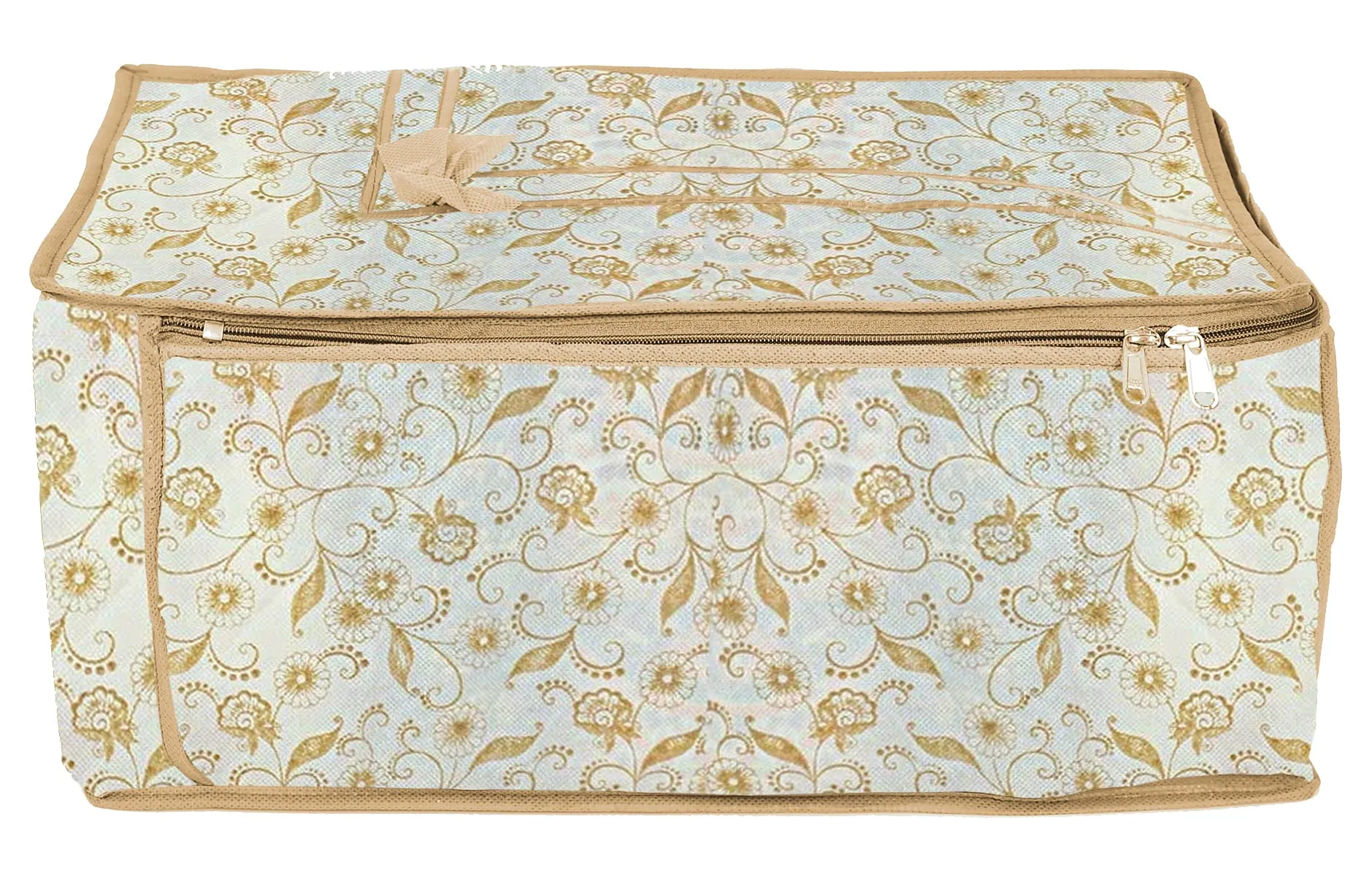 Kuber Industries Rectangular Metallic Leaf Print Non Woven Fabric Saree Cover/Clothes Organizer|Wardrobe Set with Transparent Window|Size Extra Large, Pack of 3 (Brown)