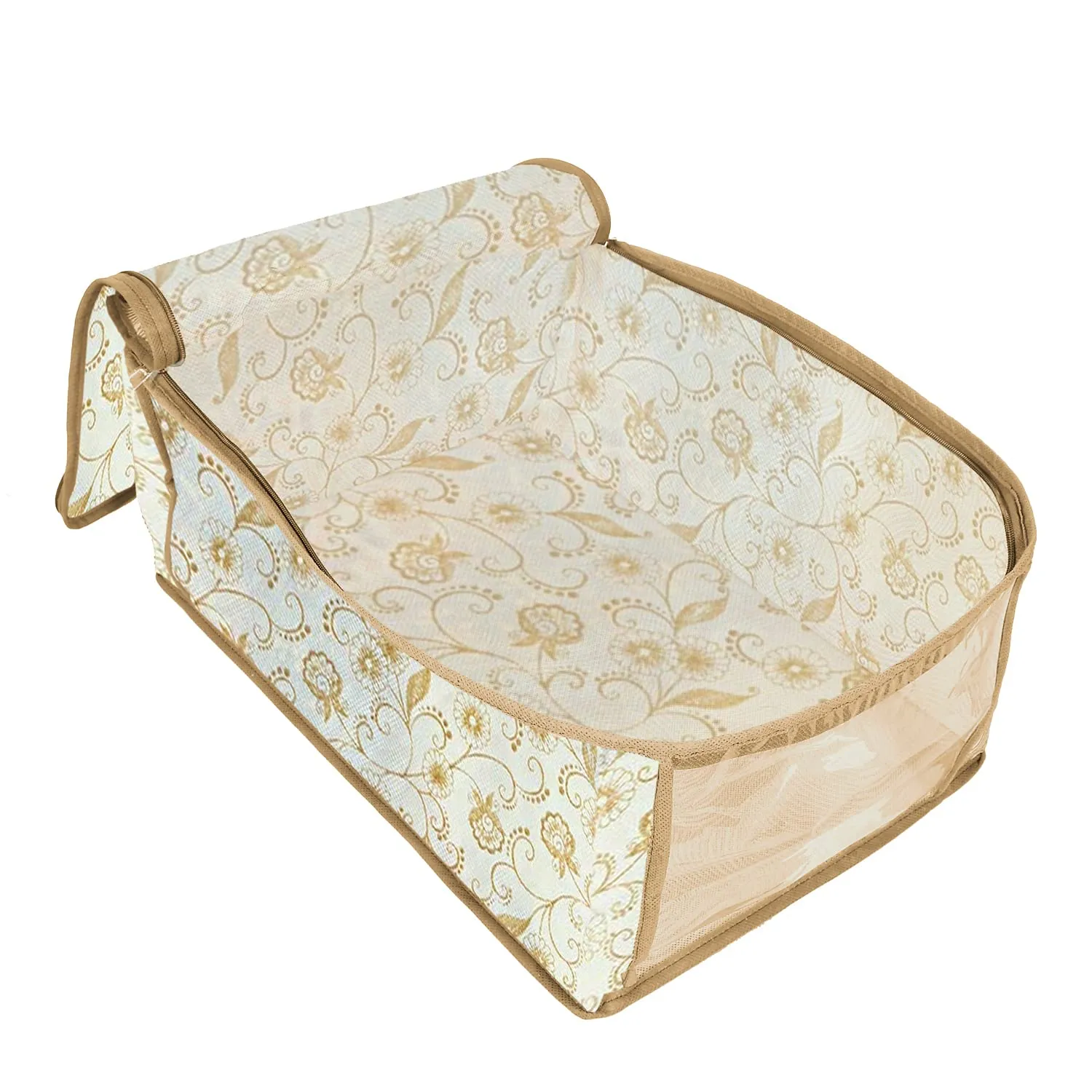 Kuber Industries Rectangular Metallic Leaf Print Non Woven Fabric Saree Cover/Clothes Organizer|Wardrobe Set with Transparent Window|Size Extra Large, Pack of 3 (Brown)