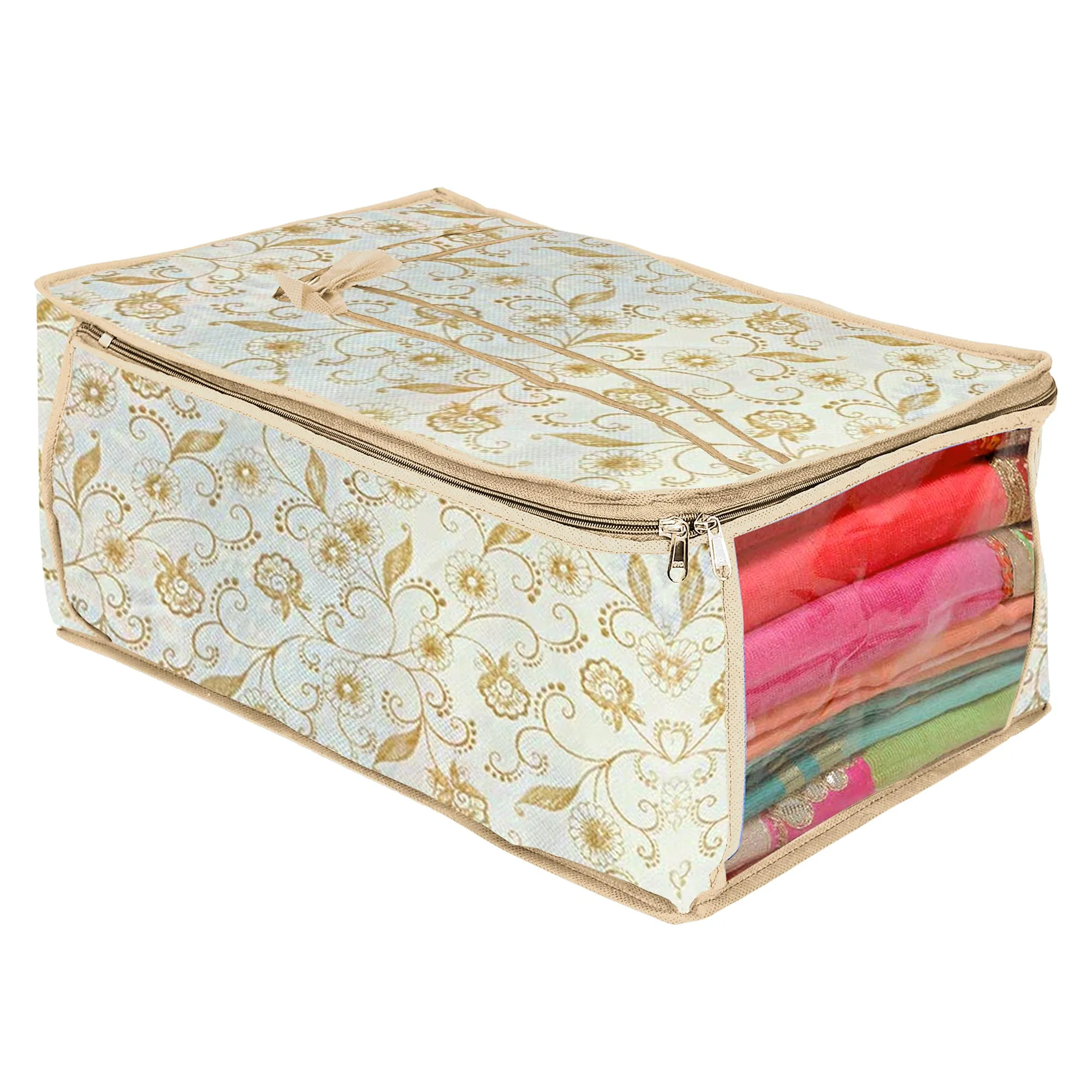 Kuber Industries Rectangular Metallic Leaf Print Non Woven Fabric Saree Cover/Clothes Organizer|Wardrobe Set with Transparent Window|Size Extra Large, Pack of 3 (Brown)