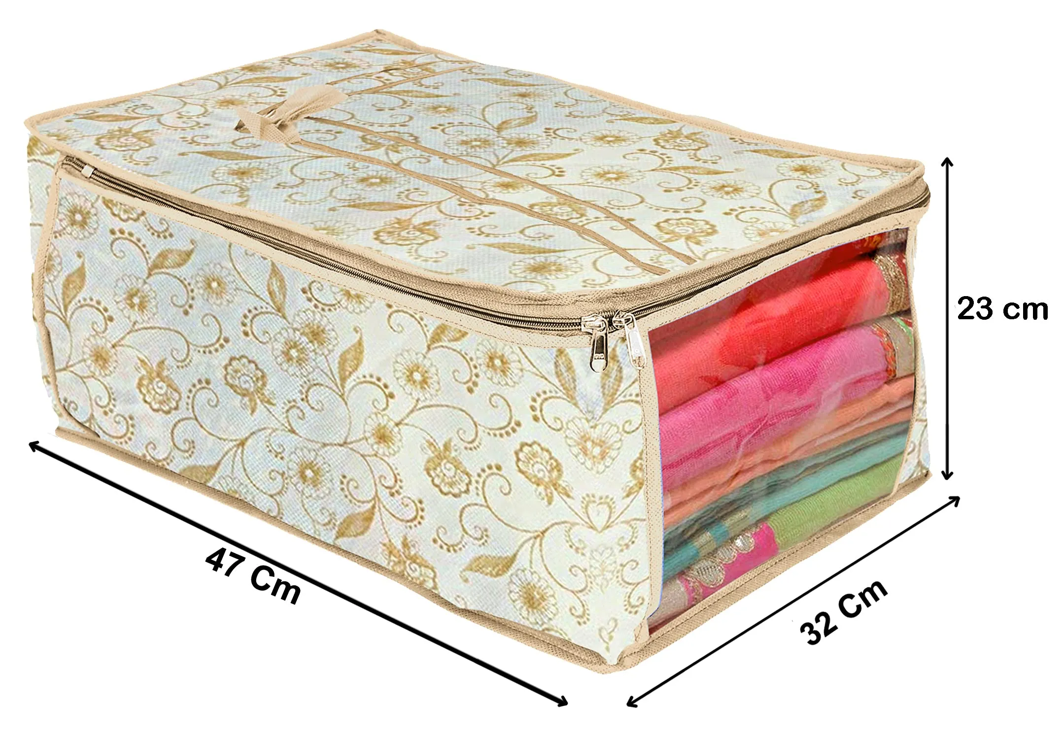 Kuber Industries Rectangular Metallic Leaf Print Non Woven Fabric Saree Cover/Clothes Organizer|Wardrobe Set with Transparent Window|Size Extra Large, Pack of 3 (Brown)