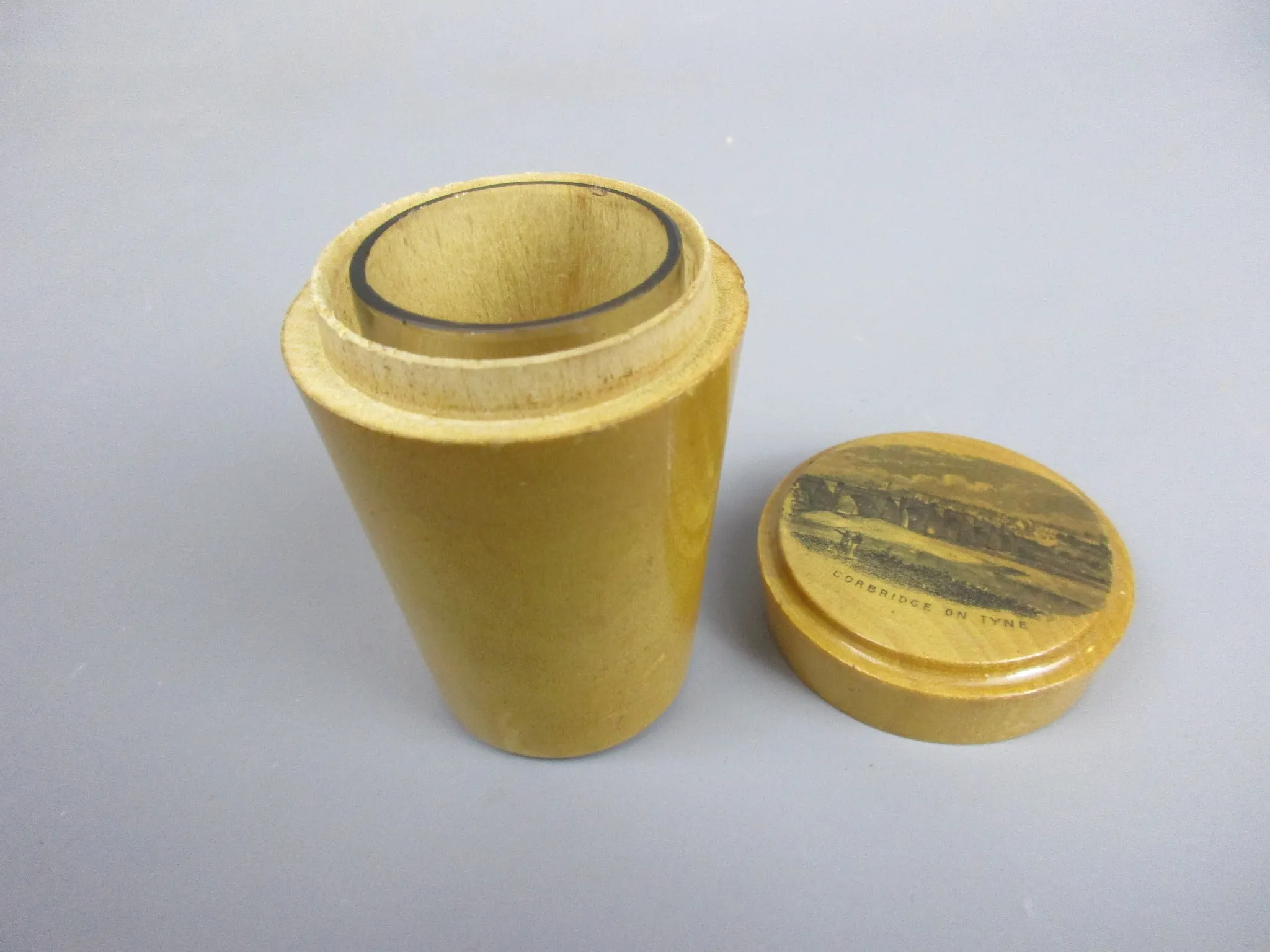 Mauchline Ware Corbridge On Tyne Shot Glass Holder Antique Victorian c1890