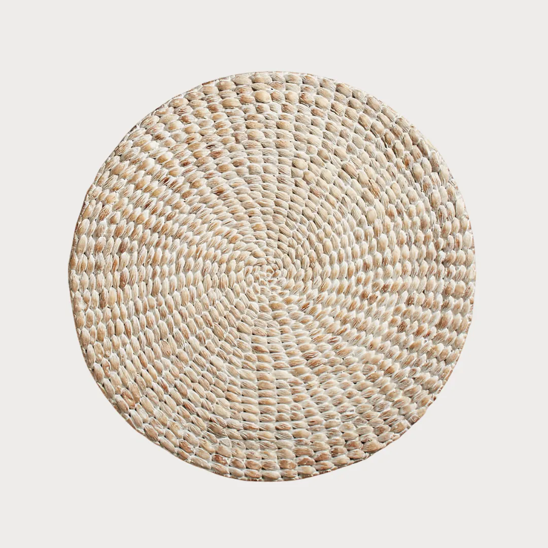 New With Tags Whitewashed Water Hyacinth Round Placemat by Crate & Barrel (Sold Individually)