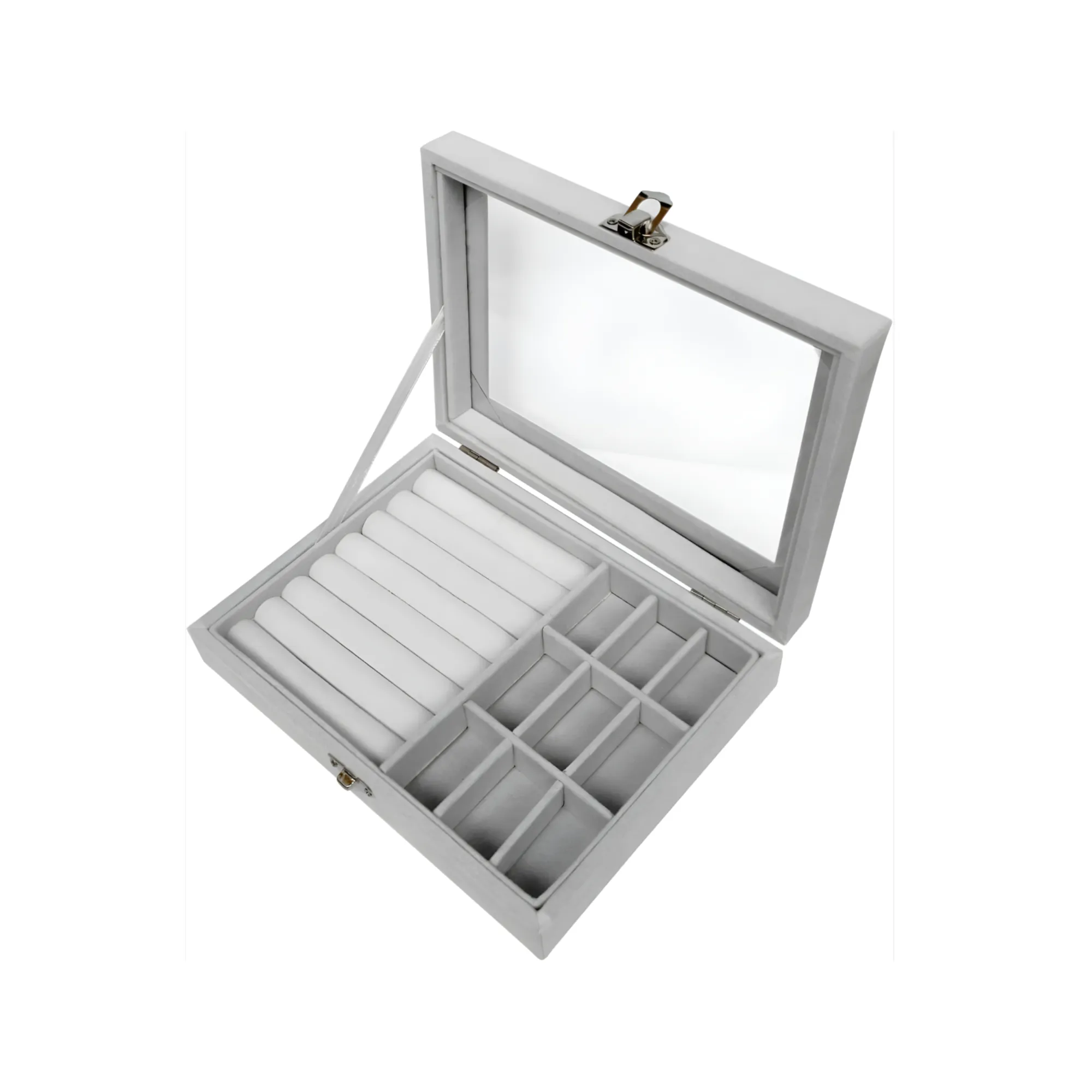Portable Luxurious Velvet Jewelry Holder With 9 panel Transparent Lid EO-36