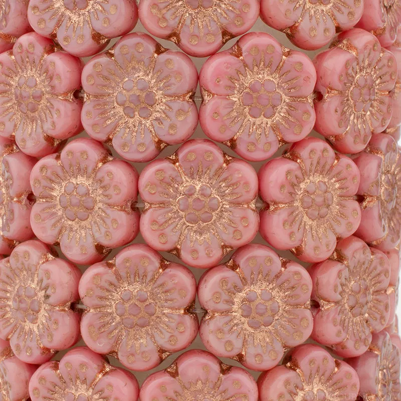 Premium Czech glass rose flowers, pink with copper wash, 14mm