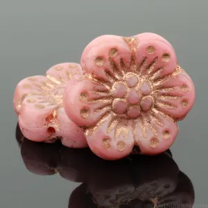 Premium Czech glass rose flowers, pink with copper wash, 14mm