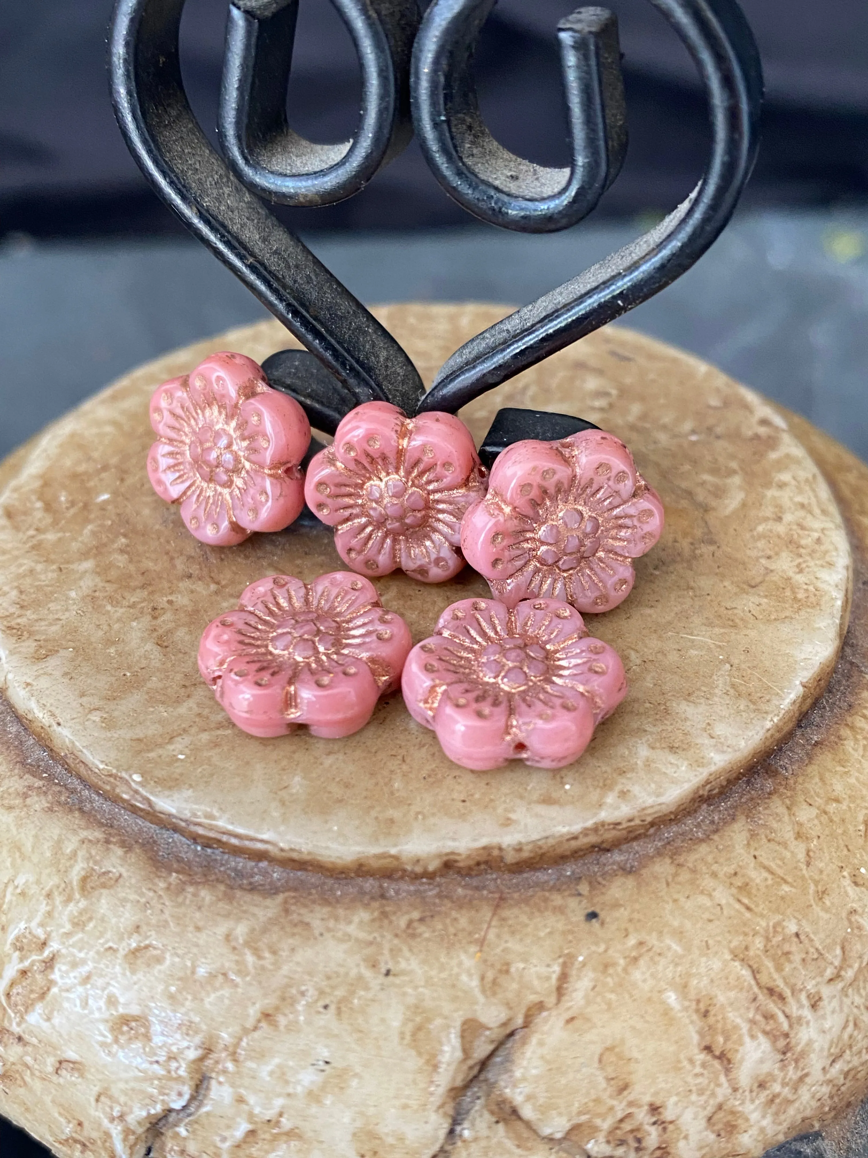 Premium Czech glass rose flowers, pink with copper wash, 14mm