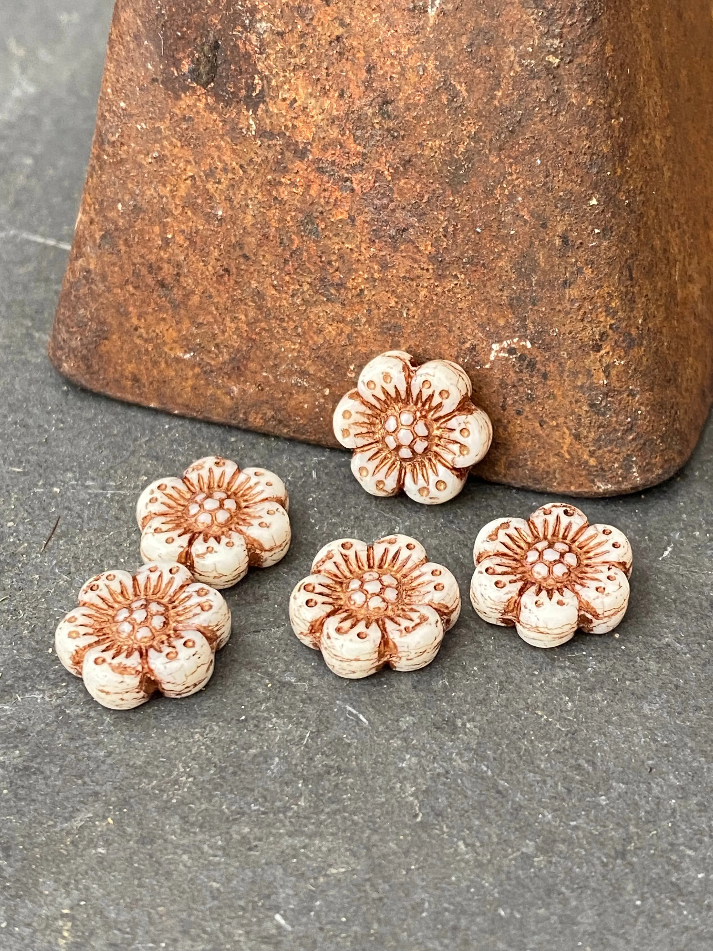 Premium Czech glass, Wild Rose (14mm) Ivory Opaque with dark bronze wash