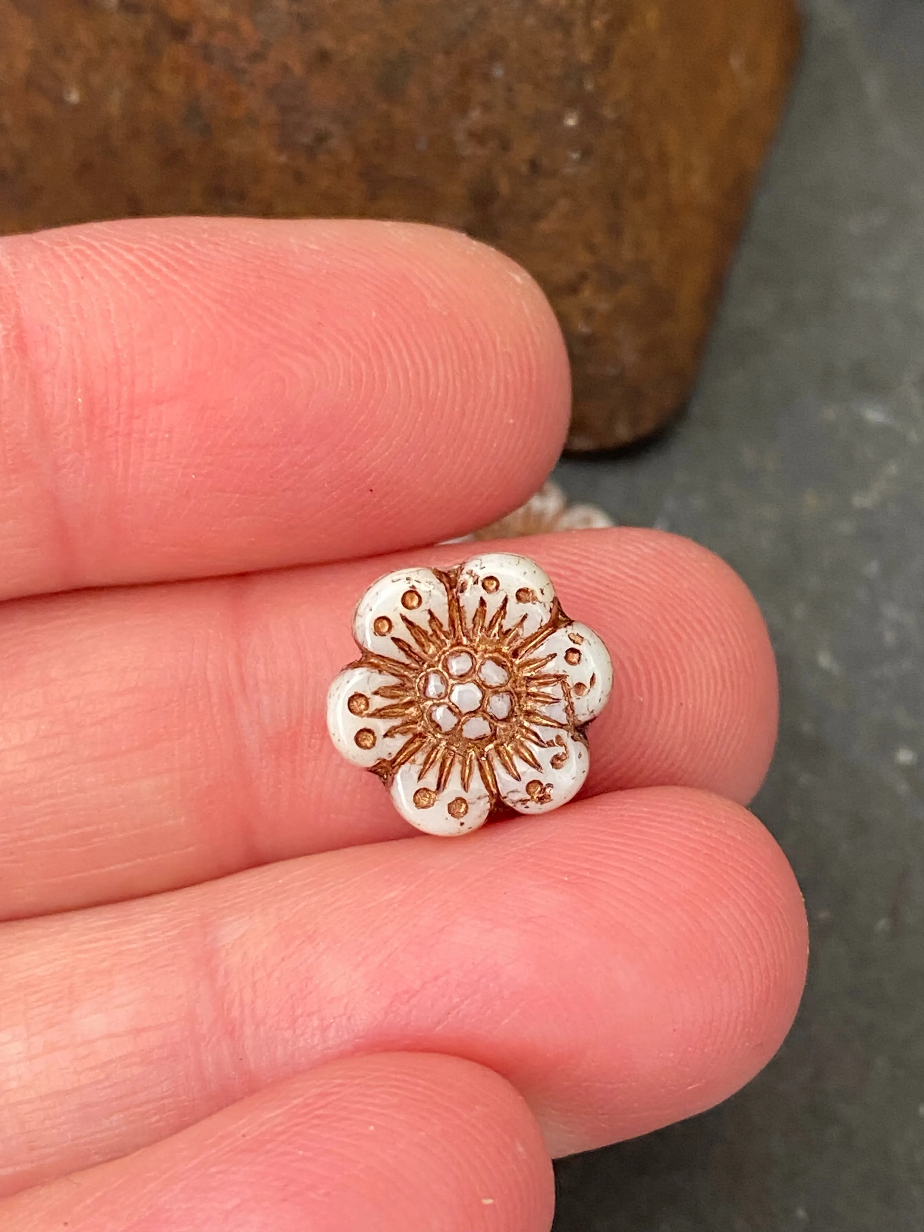 Premium Czech glass, Wild Rose (14mm) Ivory Opaque with dark bronze wash