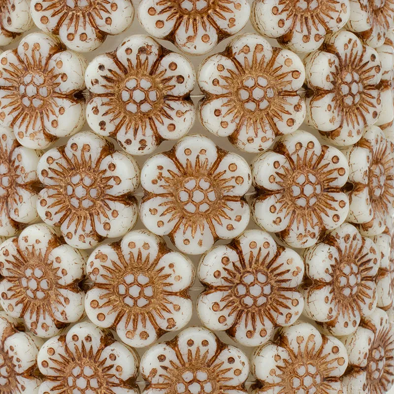 Premium Czech glass, Wild Rose (14mm) Ivory Opaque with dark bronze wash