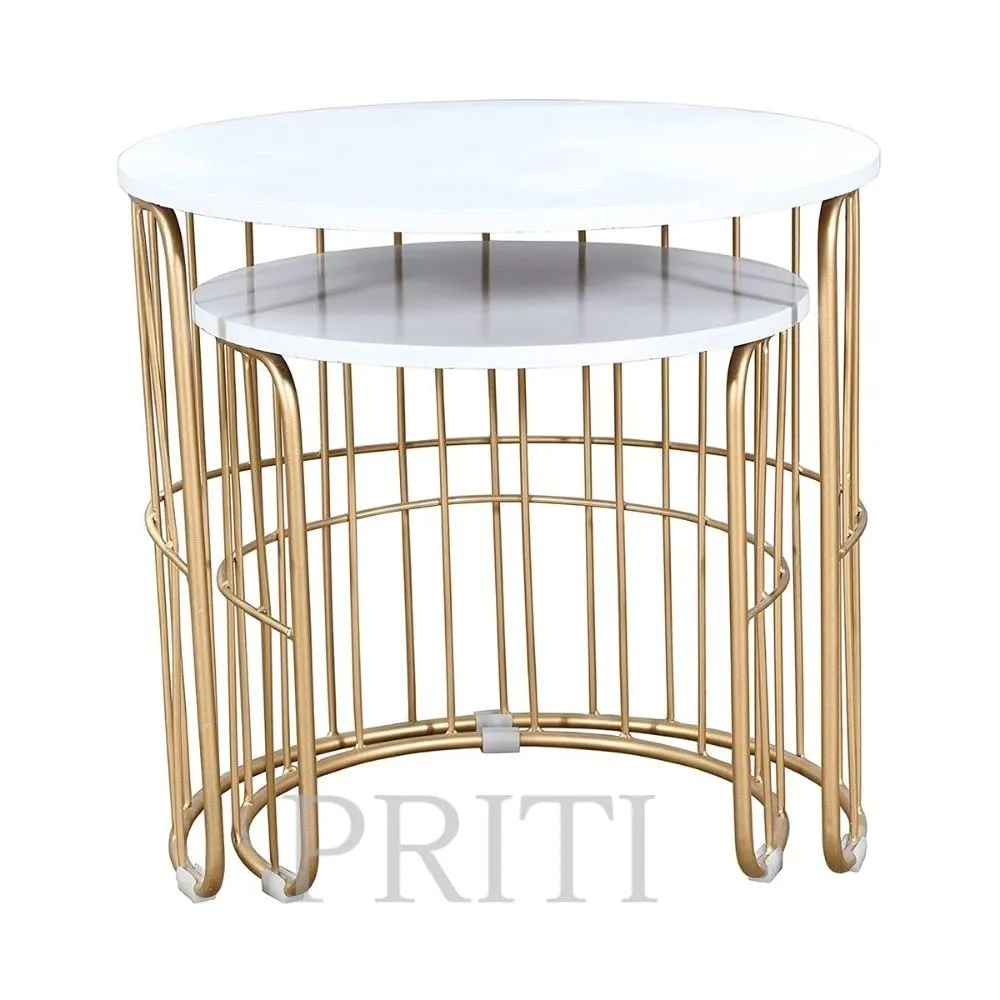 Priti Nature Lover Golden Coffee Table Nesting Table Set of Two - Center Table - Tea Table for Living Room - Golden - White Laminated Marble Table top