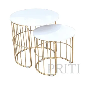 Priti Nature Lover Golden Coffee Table Nesting Table Set of Two - Center Table - Tea Table for Living Room - Golden - White Laminated Marble Table top