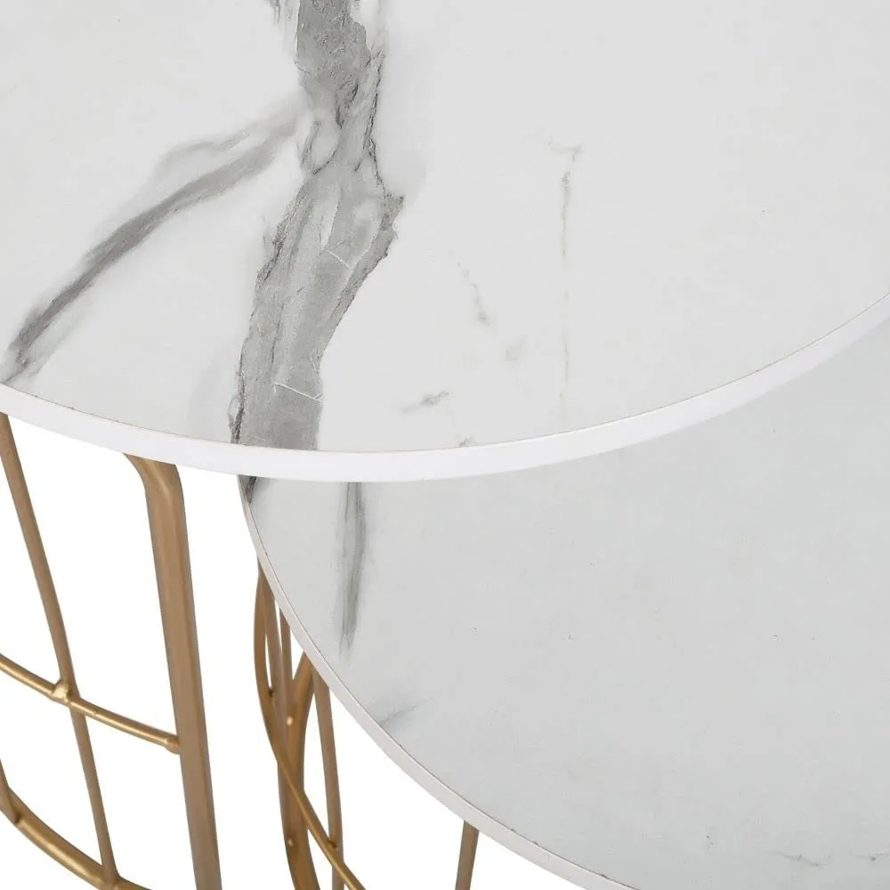 Priti Nature Lover Golden Coffee Table Nesting Table Set of Two - Center Table - Tea Table for Living Room - Golden - White Laminated Marble Table top