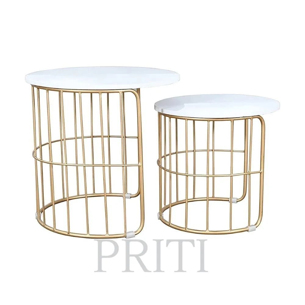 Priti Nature Lover Golden Coffee Table Nesting Table Set of Two - Center Table - Tea Table for Living Room - Golden - White Laminated Marble Table top