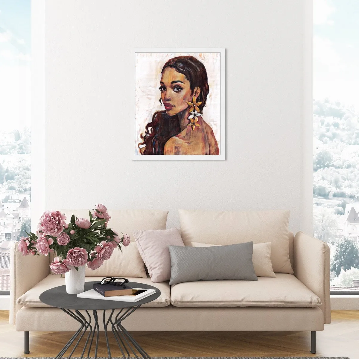 "Beauty with Petals", Flower Earirngs Beauty Traditional White Framed Wall Art Print for Bedroom