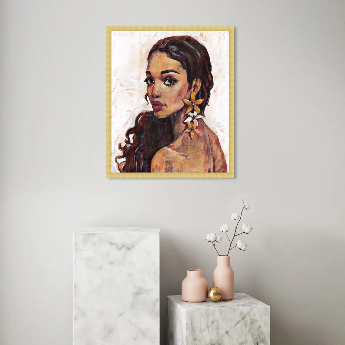 "Beauty with Petals", Flower Earirngs Beauty Traditional White Framed Wall Art Print for Bedroom