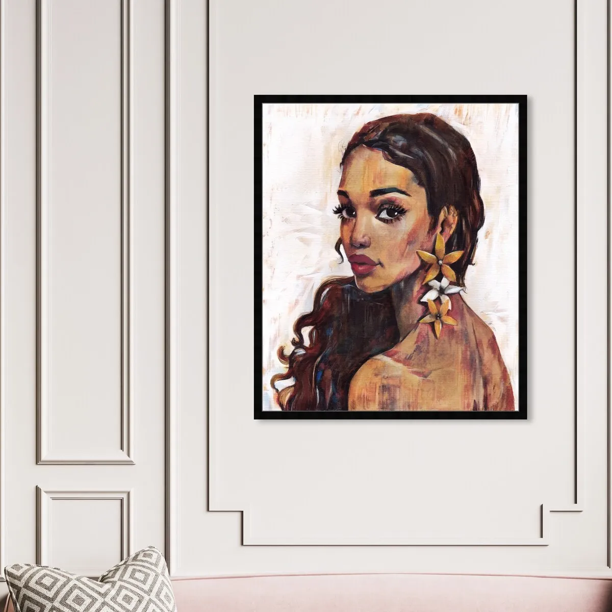 "Beauty with Petals", Flower Earirngs Beauty Traditional White Framed Wall Art Print for Bedroom