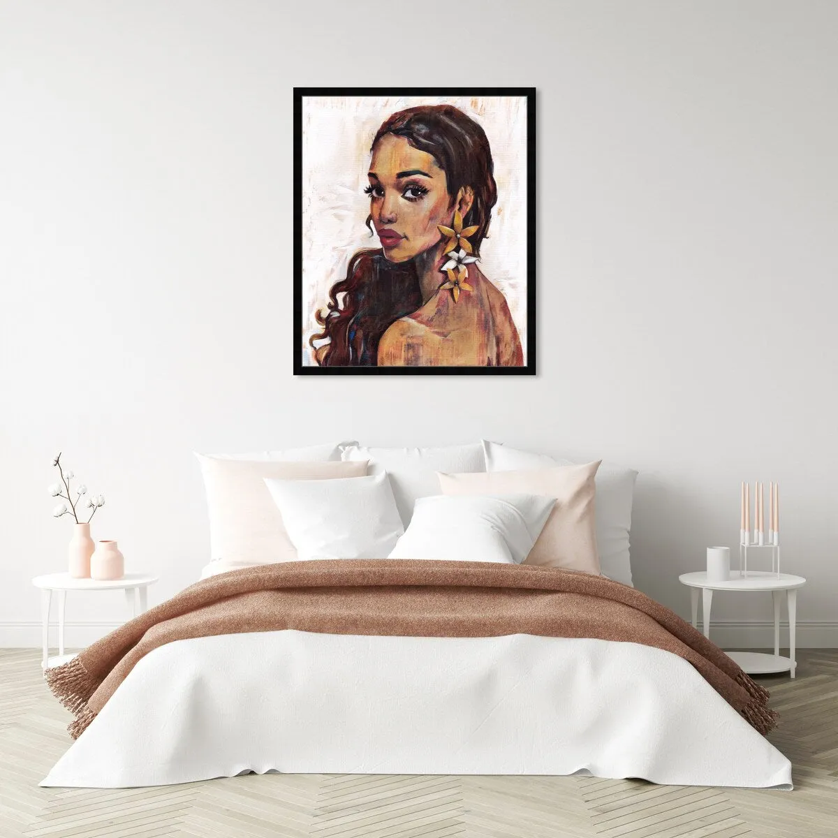 "Beauty with Petals", Flower Earirngs Beauty Traditional White Framed Wall Art Print for Bedroom