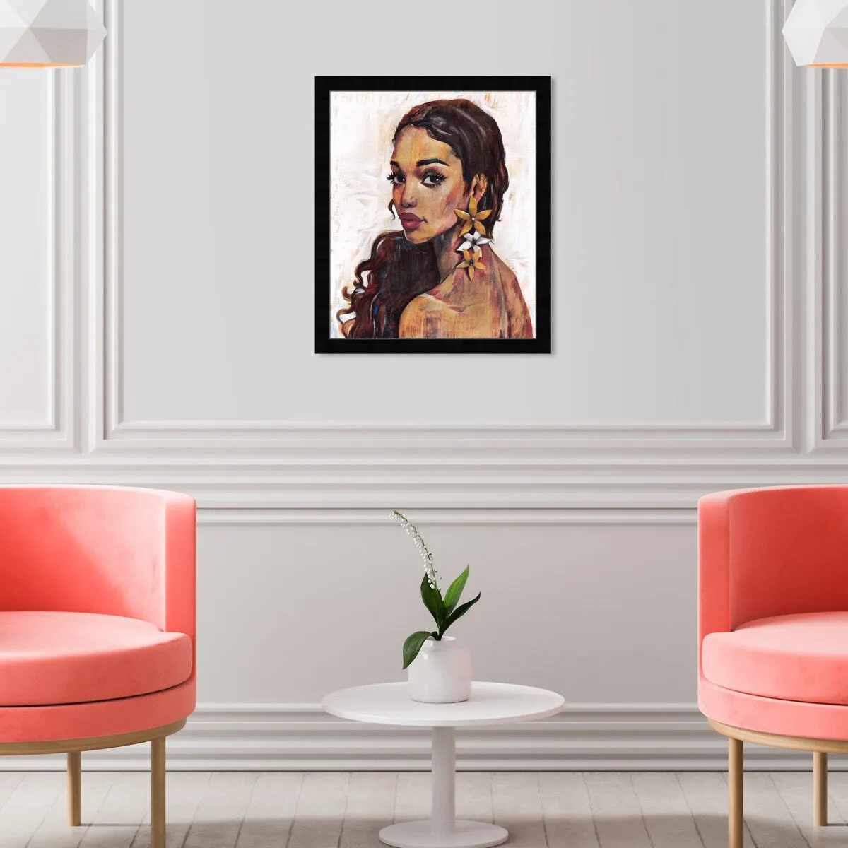 "Beauty with Petals", Flower Earirngs Beauty Traditional White Framed Wall Art Print for Bedroom