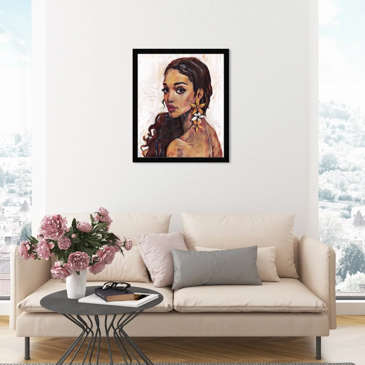 "Beauty with Petals", Flower Earirngs Beauty Traditional White Framed Wall Art Print for Bedroom