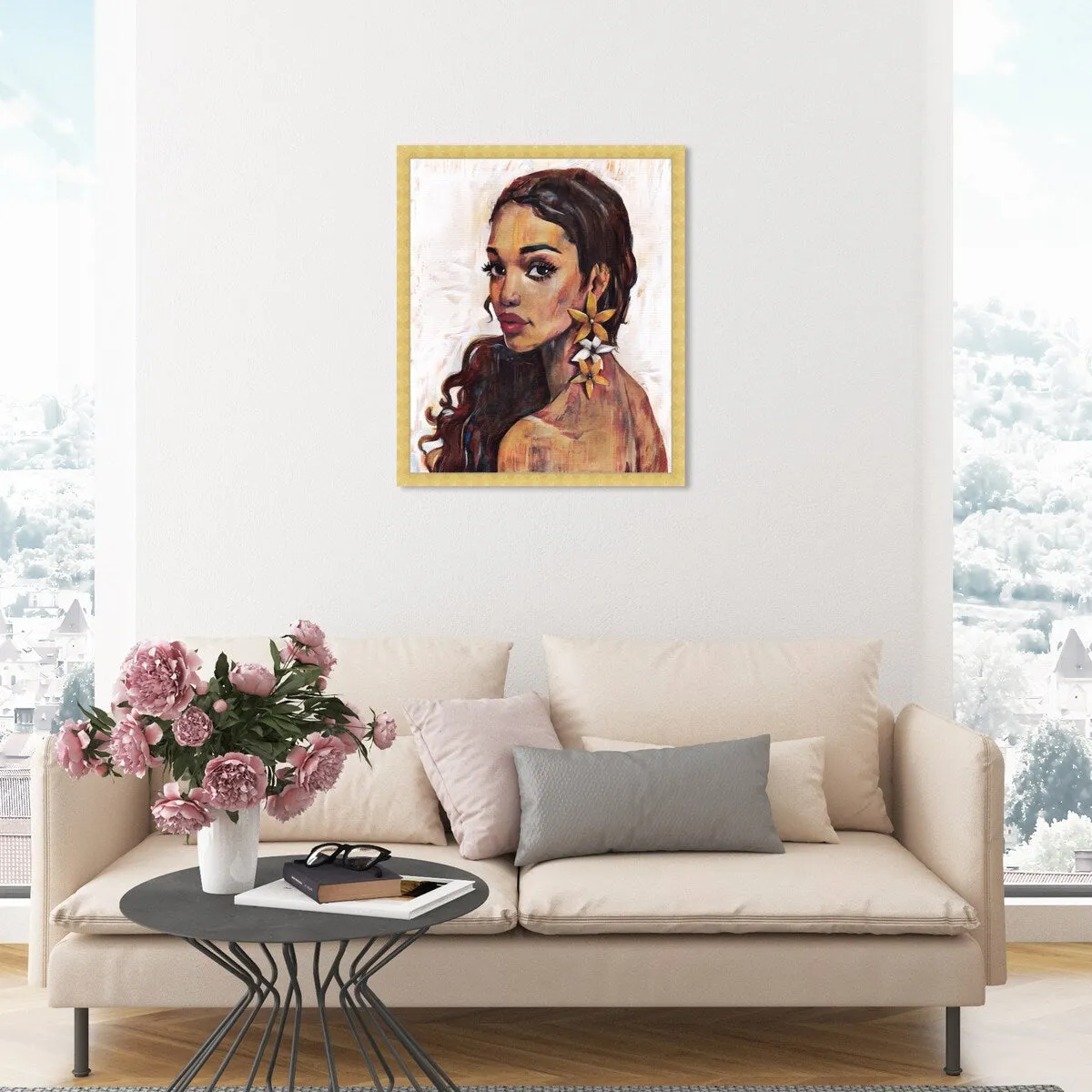 "Beauty with Petals", Flower Earirngs Beauty Traditional White Framed Wall Art Print for Bedroom