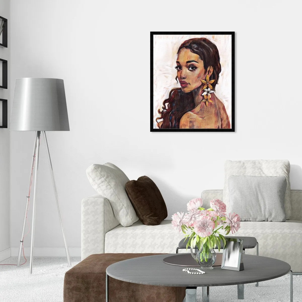 "Beauty with Petals", Flower Earirngs Beauty Traditional White Framed Wall Art Print for Bedroom