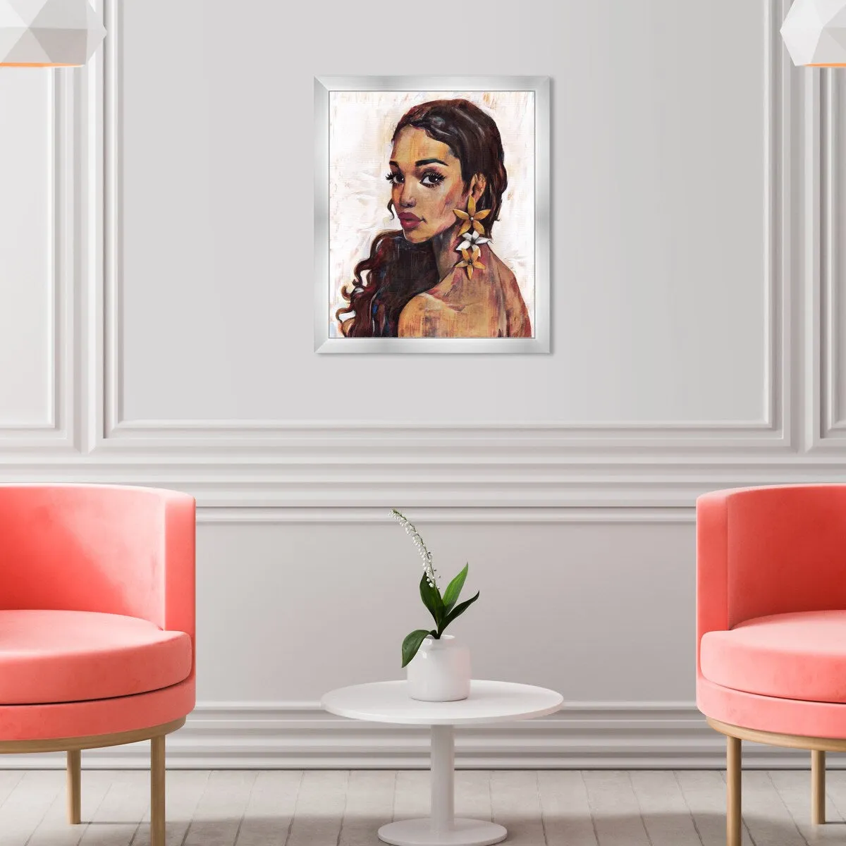 "Beauty with Petals", Flower Earirngs Beauty Traditional White Framed Wall Art Print for Bedroom