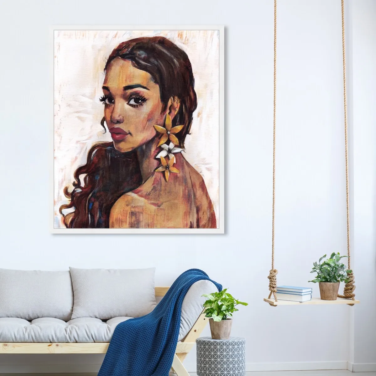 "Beauty with Petals", Flower Earirngs Beauty Traditional White Framed Wall Art Print for Bedroom