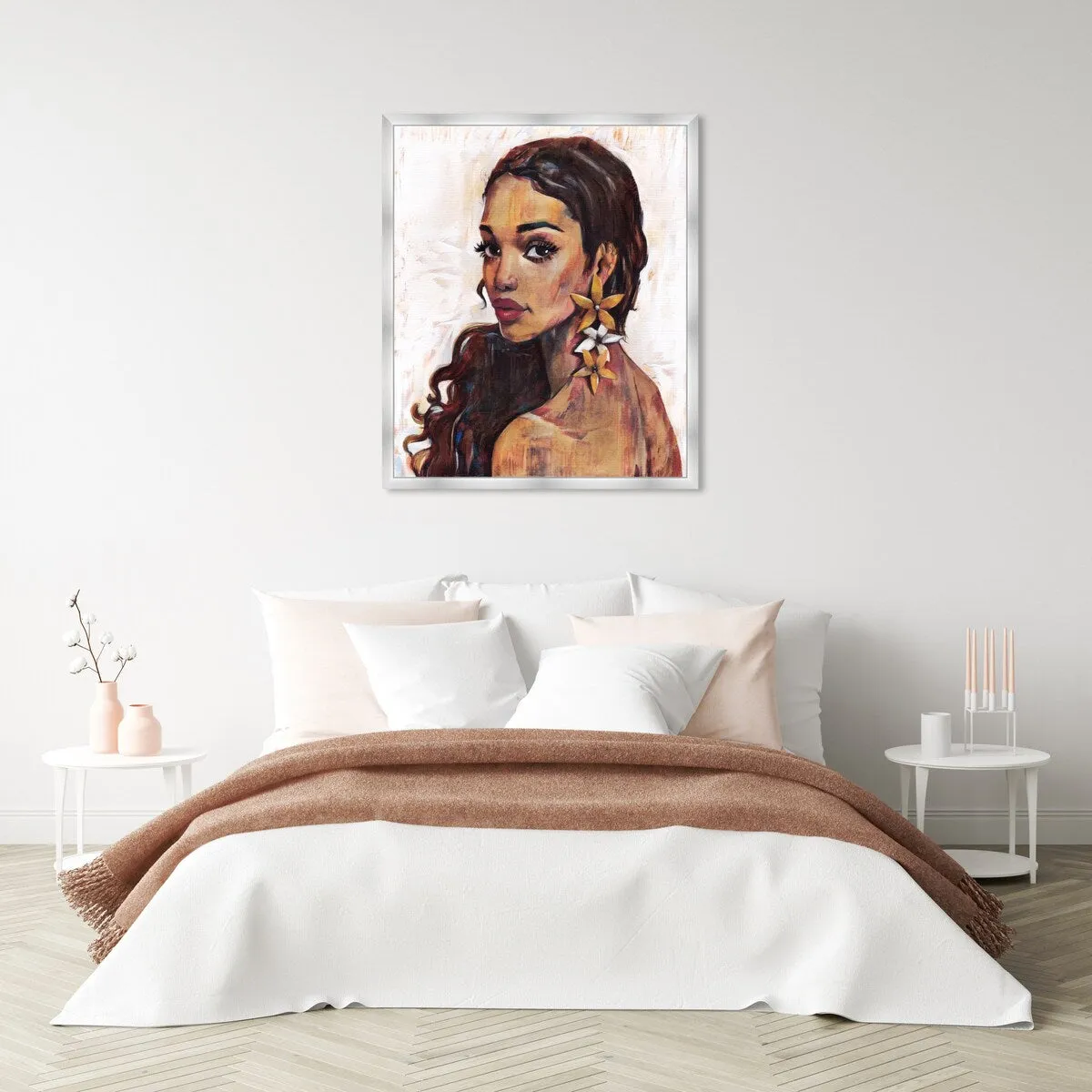 "Beauty with Petals", Flower Earirngs Beauty Traditional White Framed Wall Art Print for Bedroom