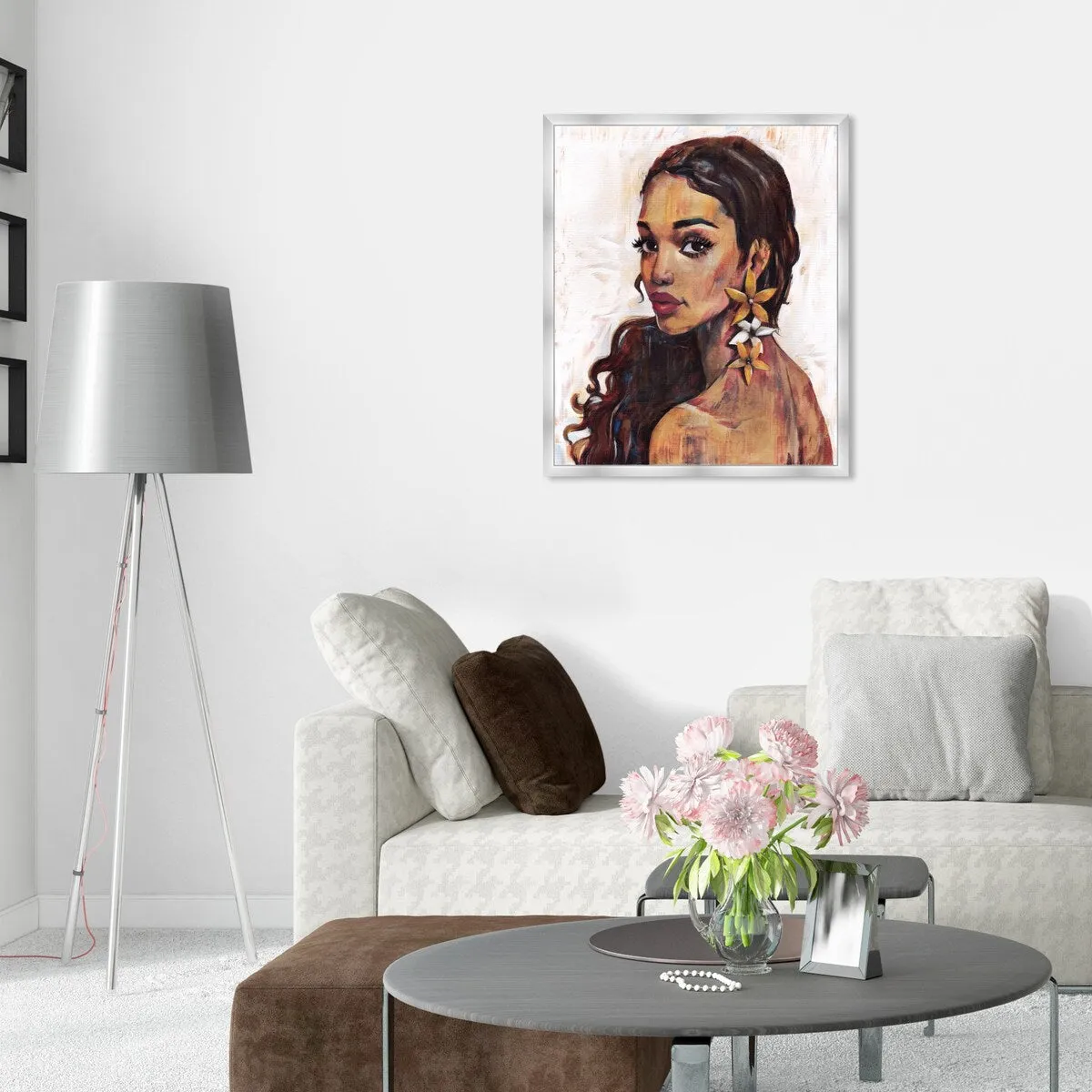 "Beauty with Petals", Flower Earirngs Beauty Traditional White Framed Wall Art Print for Bedroom