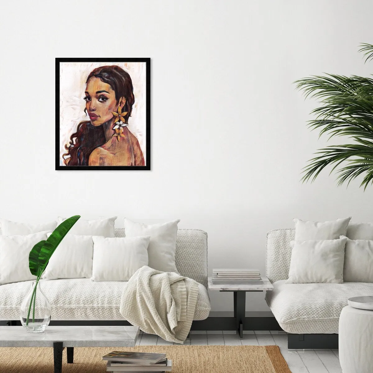 "Beauty with Petals", Flower Earirngs Beauty Traditional White Framed Wall Art Print for Bedroom