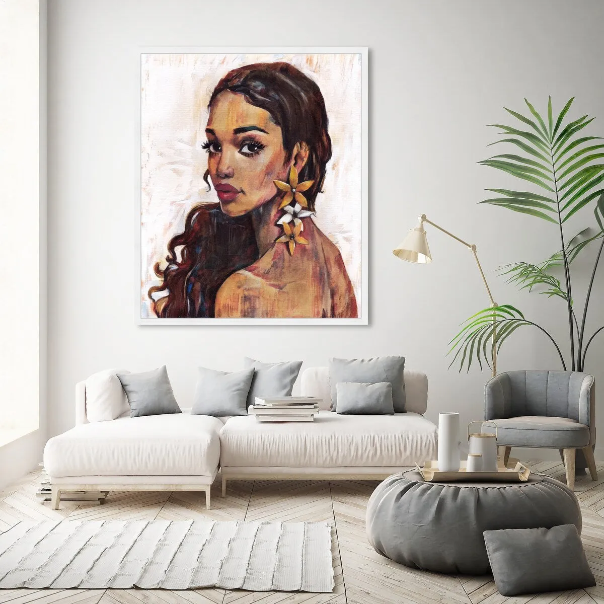 "Beauty with Petals", Flower Earirngs Beauty Traditional White Framed Wall Art Print for Bedroom