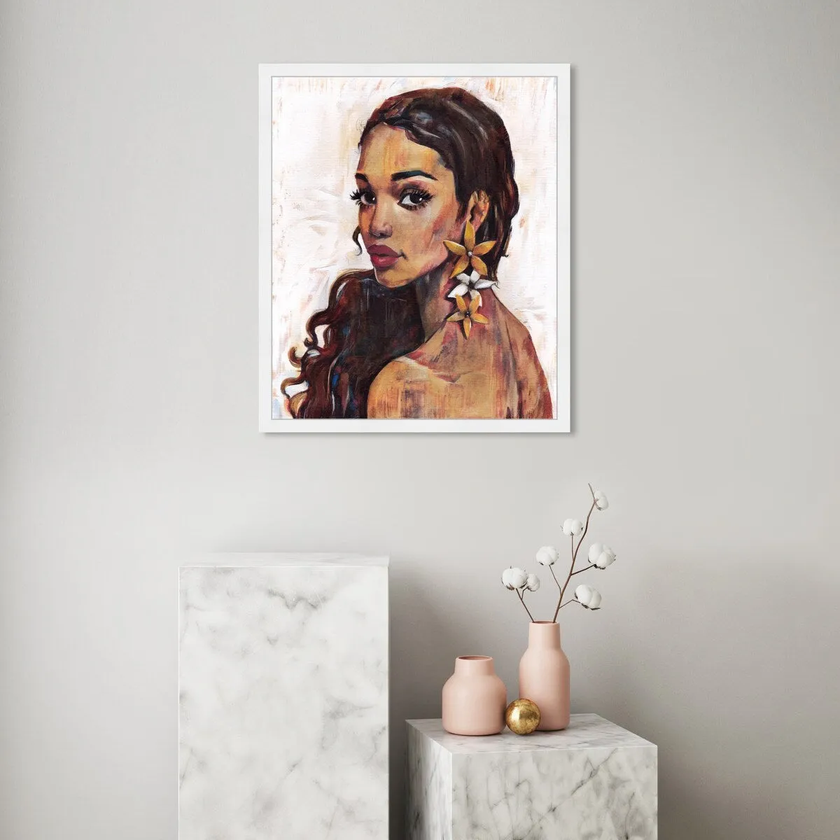 "Beauty with Petals", Flower Earirngs Beauty Traditional White Framed Wall Art Print for Bedroom