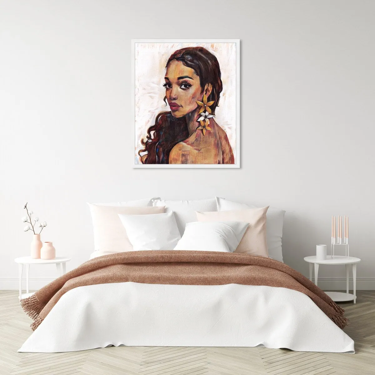 "Beauty with Petals", Flower Earirngs Beauty Traditional White Framed Wall Art Print for Bedroom