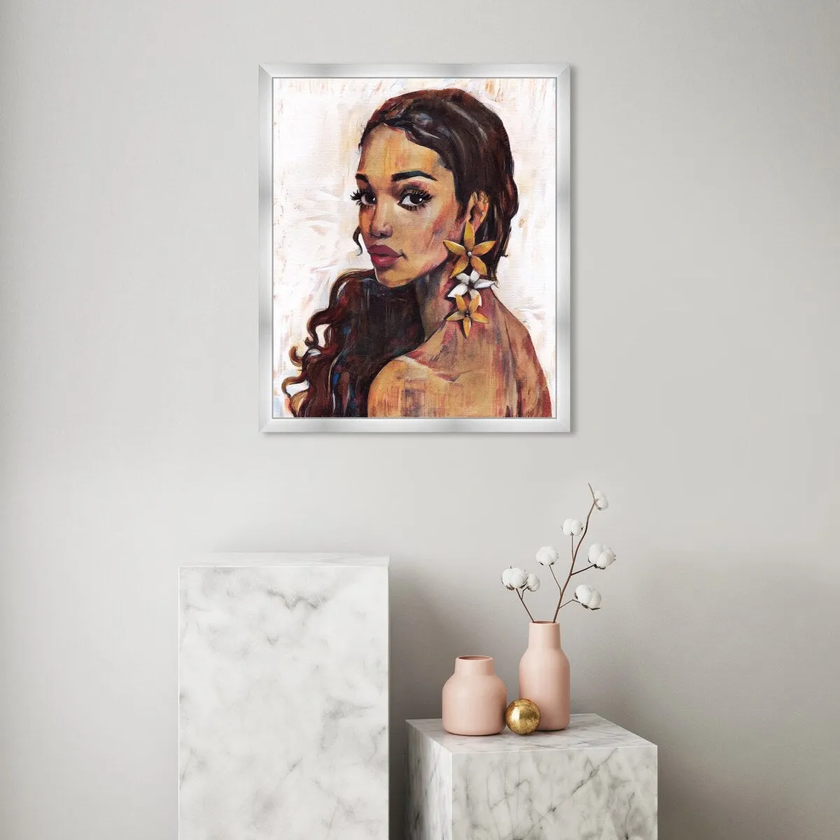 "Beauty with Petals", Flower Earirngs Beauty Traditional White Framed Wall Art Print for Bedroom