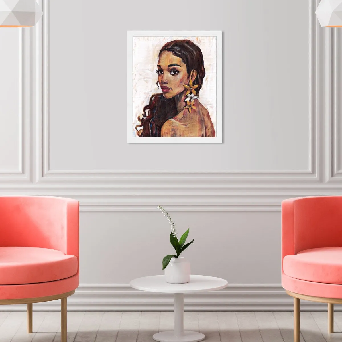 "Beauty with Petals", Flower Earirngs Beauty Traditional White Framed Wall Art Print for Bedroom