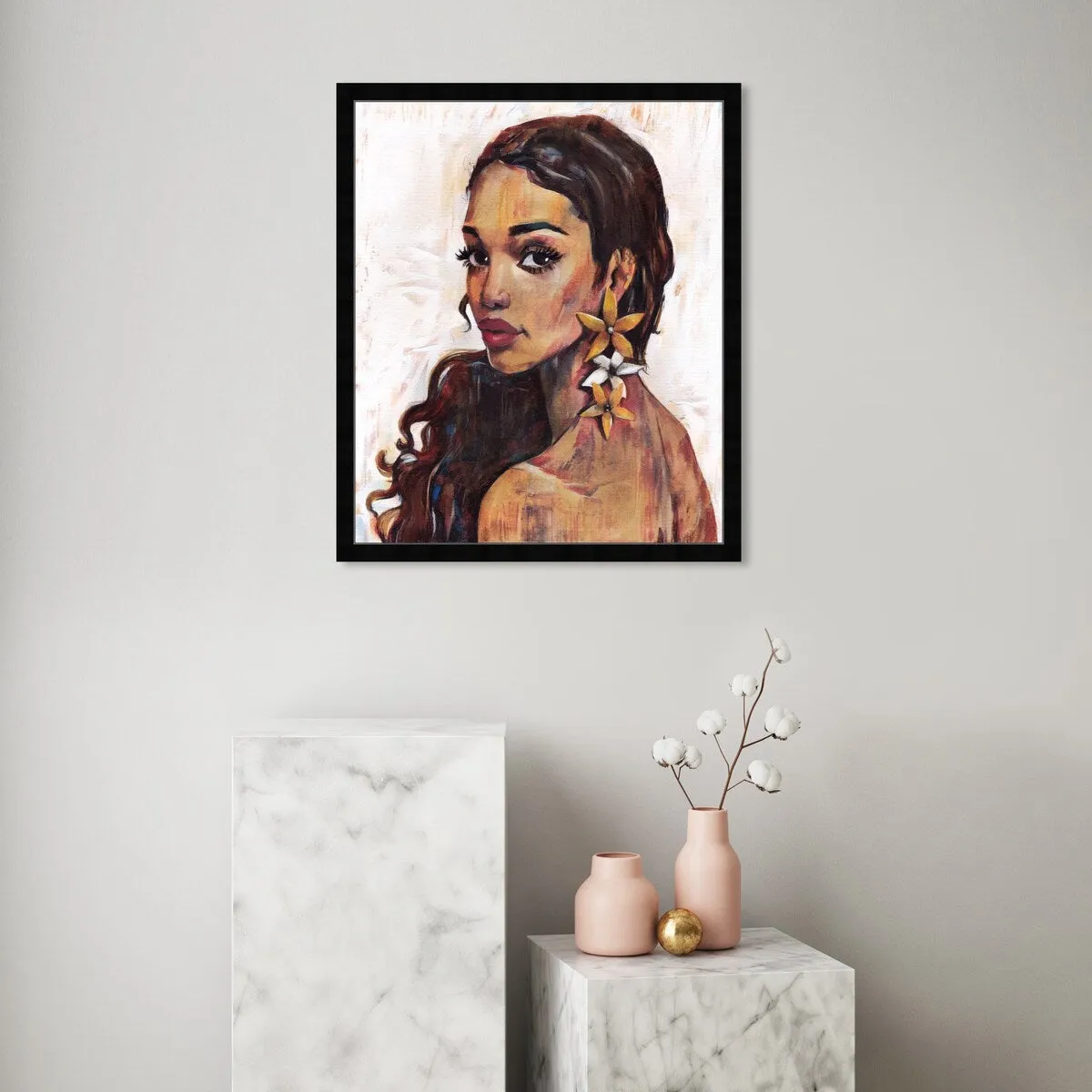 "Beauty with Petals", Flower Earirngs Beauty Traditional White Framed Wall Art Print for Bedroom