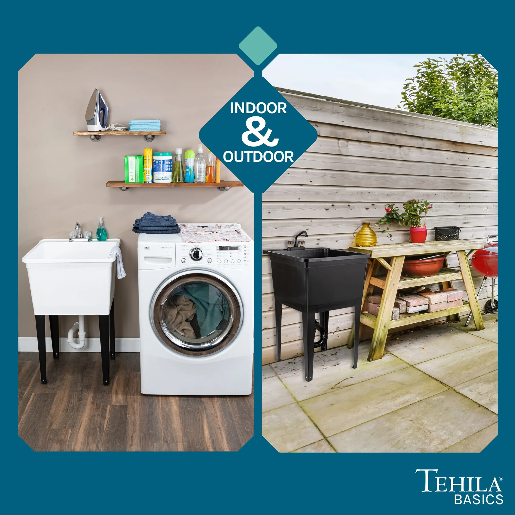 Tehila Basics Freestanding Black Utility Sink with Black Finish Dual Handle Utility Faucet