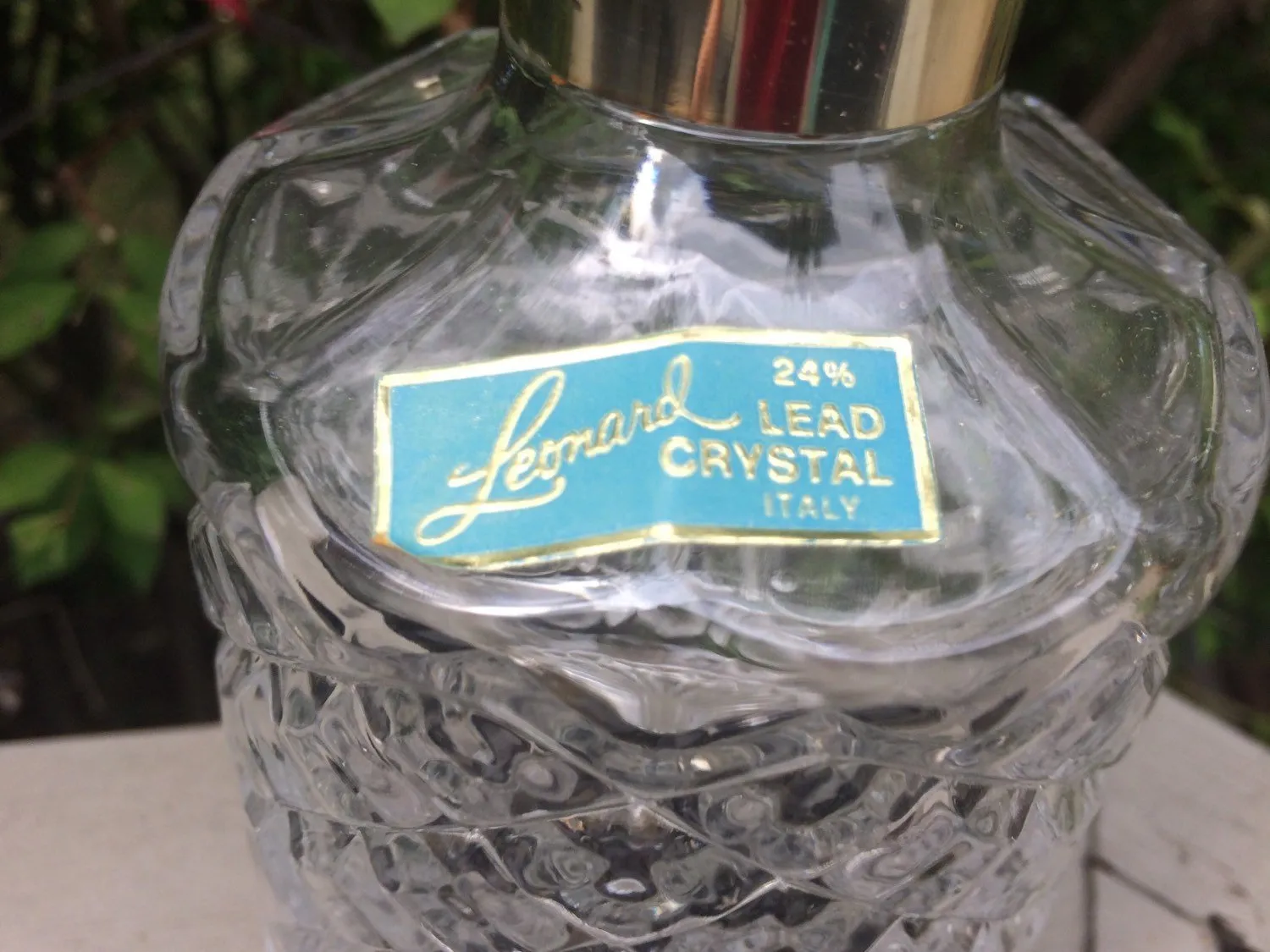 Vintage Lead Crystal Decanter by Leonard with Gold Plated Neck. Etched Diamond Pattern. Glassware. Barware. Tableware. 15th Anniversary Gift