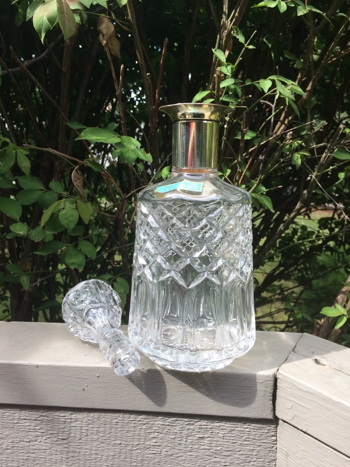 Vintage Lead Crystal Decanter by Leonard with Gold Plated Neck. Etched Diamond Pattern. Glassware. Barware. Tableware. 15th Anniversary Gift