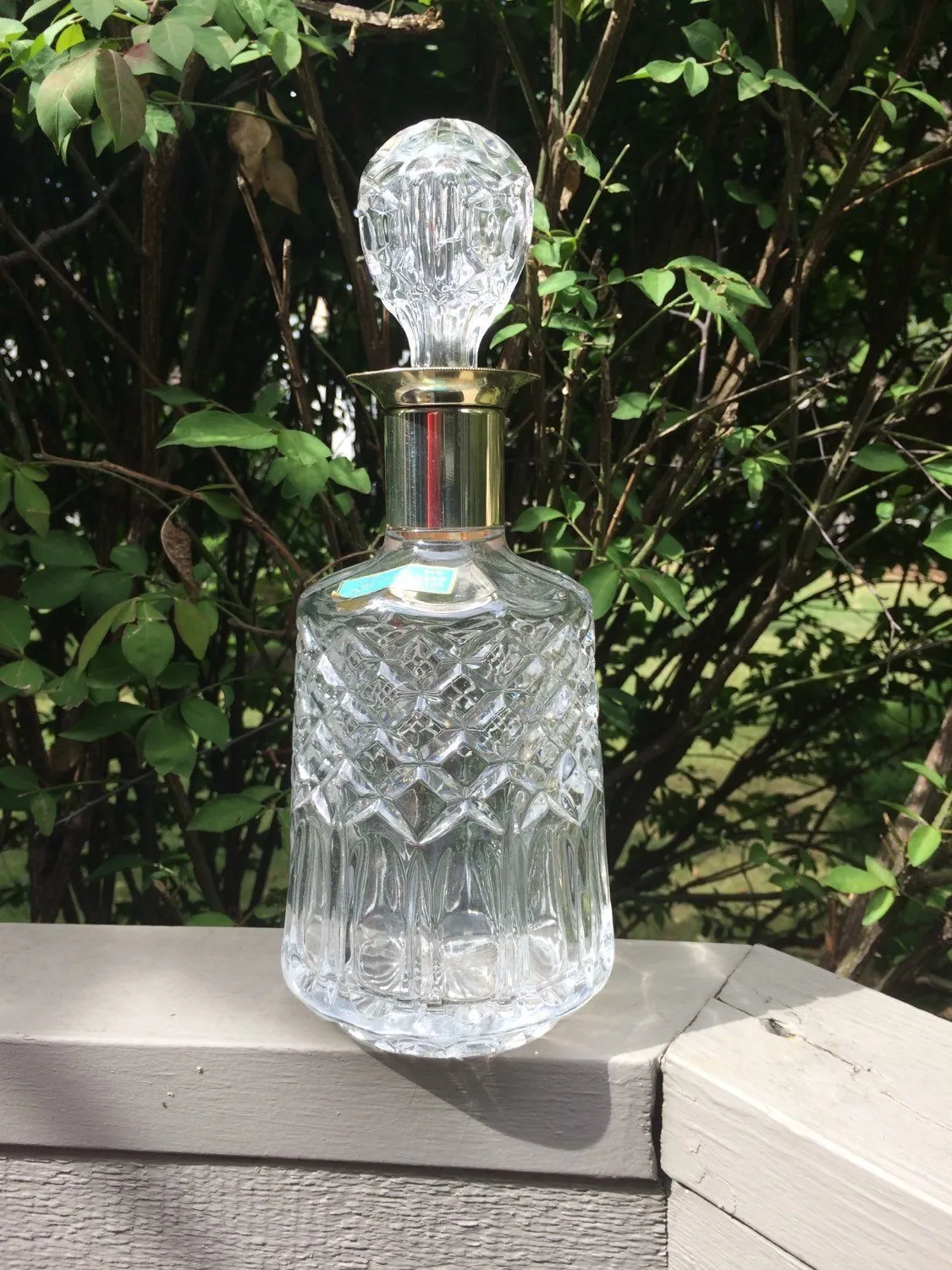 Vintage Lead Crystal Decanter by Leonard with Gold Plated Neck. Etched Diamond Pattern. Glassware. Barware. Tableware. 15th Anniversary Gift