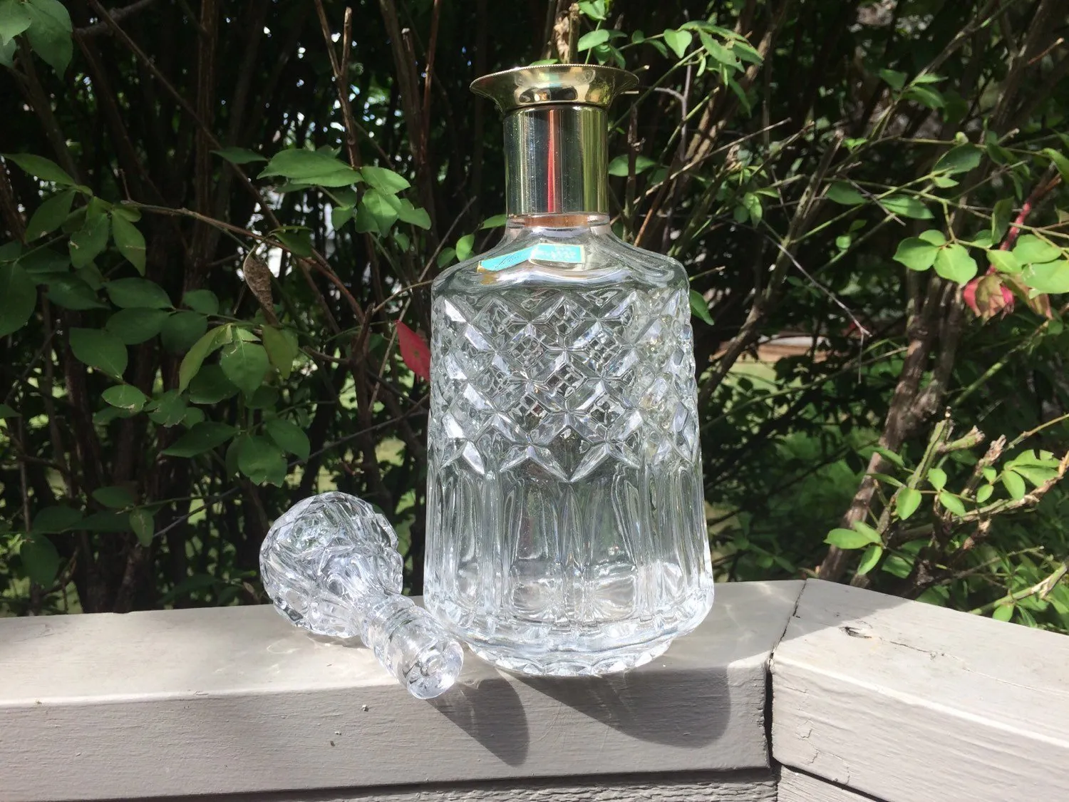 Vintage Lead Crystal Decanter by Leonard with Gold Plated Neck. Etched Diamond Pattern. Glassware. Barware. Tableware. 15th Anniversary Gift