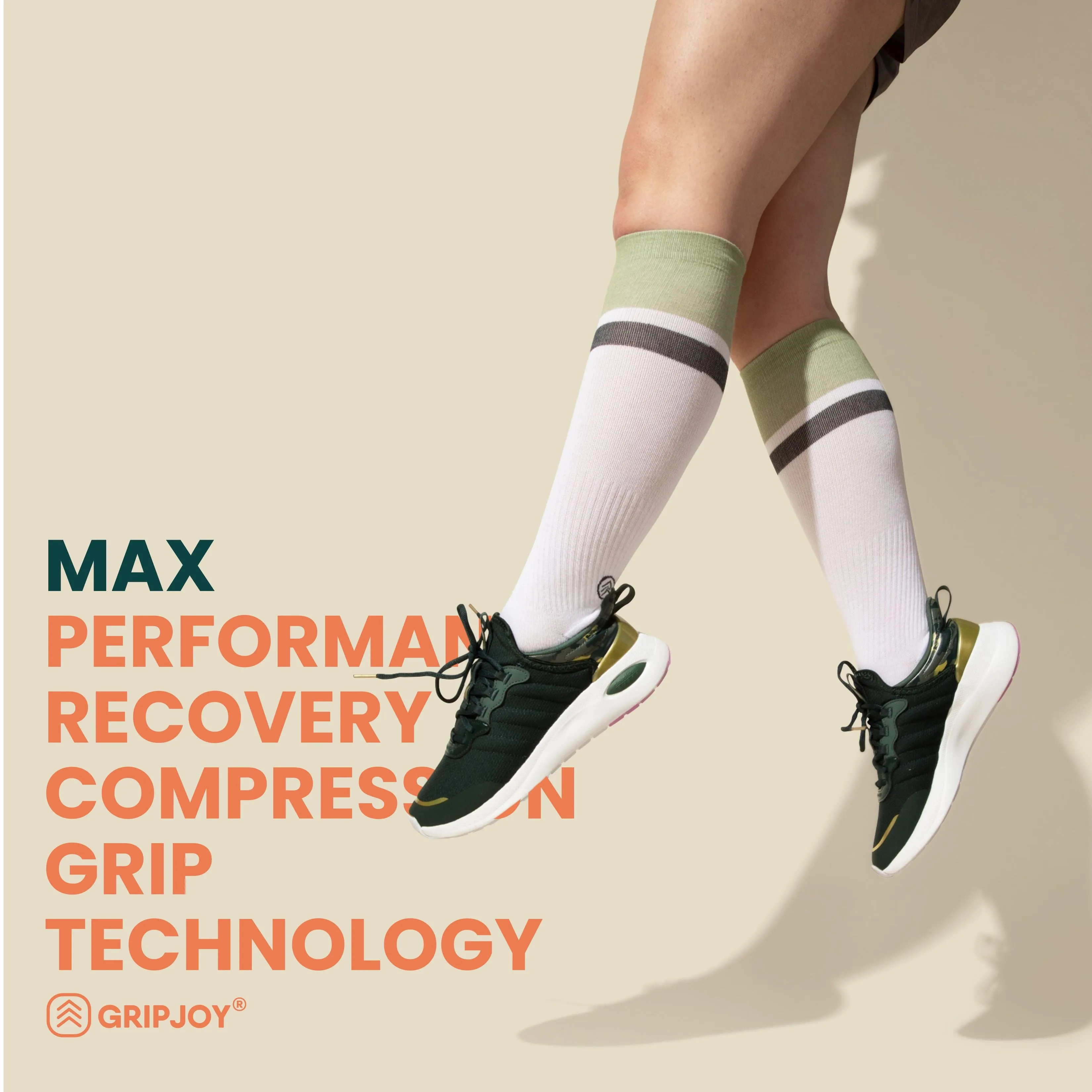 Women's White/Black/Green Compression Socks with Grips - 4 Pairs